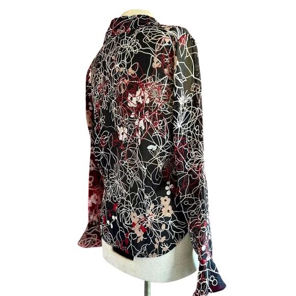 Vintage Long Sleeve Shirt Medium Red Black Sheer Flowy Business Casual Indie - Picture 4 of 7